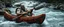 Placeholder: ancient bald fat ogre troll machete sitting relaxed in huge massive kayak in rapid stream, smacking fish with big metal oar with spikes