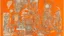 Placeholder: The image is an abstract painting with an orange background. The painting is composed of various lines and shapes that create a chaotic and dynamic composition. The main focus of the painting is a large central figure in the center, which appears to be a building or structure with multiple levels and intricate details. Surrounding the figure are several smaller figures and objects that appear to be connected by lines and dots. The figures are arranged in a way that creates a sense of depth and d