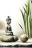 Placeholder: delicate background with spa stones and a bamboo stem, in the background there is a moiré figure of a female statue sitting on the stones, photorealistic photo