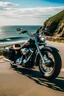 Placeholder: Harley Davidson with giant engine on a road next to the ocean