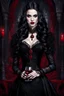 Placeholder: A captivating, high-resolution image of a stunningly elegant vampire woman exuding both beauty and danger. Dressed in exquisite black gothic clothing adorned with intricate details and black lace, on her dress red blood stains adding a dramatic effect. Her pale skin contrasts sharply with her dark attire, and her long, dark hair cascades down her shoulders. Holding a glass of red wine, she radiates an air of mystery. The background is dark and enigmatic, with soft, realistic lighting casting sha