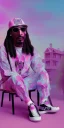 Placeholder: Snoop dogg, sitting. a chair. pink houses, pink sky, pink smoke, trees, outdoors. Groove street. 28mm