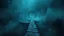 Placeholder: A surreal, dark and cold abstract artwork dominated by deep blue, icy cyan, charcoal black and muted steel-grey tones. An thin narrow passageway emerges from an abstract distorted weird landscape, surrounded by thick fog and drifting mist. The space feels dreamlike, alien and unsettling, with fragmented floating circle geometric forms, black onix architectural fragments and unnatural perspectives. At the center of the composition cracked stone and glass way over abyss
