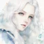 Placeholder: a close-up headshot of a 16-year old woman with long white hair, silver eyes with long lashes, pale skin, a slim delicate build, prone to illness, shy, anime style, intricately detailed, splotchy watercolor background