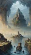 Placeholder: oil painting, flooded city, some small islands visible in the distance and there is a single human on each of them, seeing everything from a tall cliff