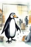 Placeholder: a penguin is an angry boss in a factory, atacking people with money. watercolor.