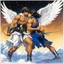 Placeholder: (in the style of Orion, by Masamune Shirow) Jacob wrestling with angel