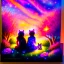 Placeholder: A magical moment in a painterly sunset garden. The two girls sit close together with the three kittens cuddled between them, looking up toward the glowing evening sky. Above them, soft light trails, sparkles, or a glowing star emerge — a touch of fantasy as if nature itself whispers to them. The warm colors wrap around them: coral, gold, rose, and soft blue. The composition feels like the closing page of a gentle fairy tale. Painted with rich oil textures, craquelure, and poetic atmosphere. --v
