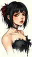 Placeholder: highly detailed, full body illustration, petite, dark haired goth girl, sharply defined angular facial features, anatomic perfection, by Andrea Kowch> <Yoji Shinkawa> <Jean-Giraud Moebius, vibrant natural color tones, precisely drawn and inked, 8k resolution