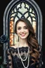 Placeholder: A beautiful woman smiling in front of a watercolor drawing gothic window, black lace, pearls, black roses, on a black background, Trending on Artstation ::{creative commons}:: I:: Color Grading:: Filmic, Nikon D750, Brenizer Method, Perspective, Depth of Field, F/2.8, Lens Flare, Tonal Colors, 8K, Full-HD, ProPhoto RGB, Perfectionism, Rim Lighting, Natural Lighting, Soft Lig, a pretty woman non front of it