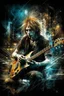 Placeholder: A ultra realistic poster of a cool guy playing rock guitar , having word sign as “street art ”, by Daniel Castan Carne Griffiths Andreas Lie Russ Mills Leonid Afremov, black background, fine lines draw, smile, standing in the temple