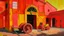 Placeholder: A light rosy orange colored warehouse with gears painted by Alexej von Jawlensky