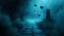 Placeholder: passage over nothingness, surreal, dark and cold abstract artwork dominated by deep blue, icy cyan, charcoal black and muted steel-grey tones. An narrow passageway emerges from an abstract distorted weird landscape, surrounded by thick fog and drifting mist. The space feels nightmare, alien and unsettling, with floating circles and balls geometric forms, ruins, perspective. At the center of the composition cracked stone way over abyss