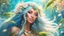 Placeholder: Close-up portrait of a gorgeous smiling skinny polynesian goddess with a golden dark shining skin, long smooth clear turquoise blue white hair, blue eyes, in a sci-fi outfit with luminous strikes blowing a kiss in a hill of flowers with sakura trees, a small torrent, loads of mini flowers, moss, sun rays through the branches, particles in the air at spring