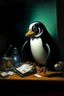 Placeholder: 1970's dark fantasy cover dnd style oil painting frontal webcam picture of pengu the penguin, busniess and money bank.