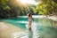 Placeholder: beautiful girl in pretty dress walking in water toward camera in trees next to wavy river with clear water and nice sands in floor.camera capture from her full body front