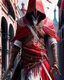 Placeholder: Assassin creed con dagas y espadas detalles en los pantalones y en el pecho caminando por Venezia capa arte digital hiperdetallado detalles intrincados obra de arte rojo blanco 8k