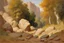 Placeholder: Sunny day, rocks, waterfalls, rocky land, mountains, friedrich eckenfelder and charles leickert impressionism paintings