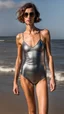 Placeholder: beautiful anorexic woman, full body shot, short shiny triathlon swimsuit, wavy bob haircut, photographed on the beach, raw