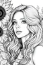 Placeholder: coloring page,grayscale, portrait, wavy hair, sunflowers