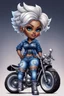 Placeholder: create an airbrush illustration of a chibi cartoon voluptuous black female wearing a blue jean outfit with biker boots. Prominent make up with hazel eyes. Extremely highly detail of a very low platinum blonde pixie haircut. Background of a bike show.