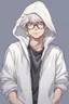 Placeholder: Anime man with glasses, messy white hair, wearing a hooded sweatshirt, realistic