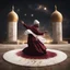 Placeholder: Hyper Realistic Sufi Whirling on stone floor with maroon & Golden Islamic Sufi Rustic Grungy Background outside white marble Islamic monument at dark night, heavy-fig with stars on sky showing dramatic & cinematic ambiance.