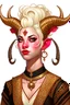 Placeholder: A teenaged tiefling woman with white blonde hair, pointy ears, a set of ram horns and another set of gazelle horns, fancy clothes,