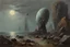 Placeholder: Grey sky with one planet in the horizon, rocks, mountains, 80's sci-fi movies influence, friedrich eckenfelder impressionism paintings