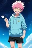 Placeholder: A young, androgynous young man with tousled pink hair and golden eyes floating among the stars wearing a light blue hoodie and black board shorts. He is smiling softly and holding a star in one hand.