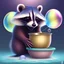 Placeholder: happy racoon washing t-shirt in the bowl with soap bubbles, lake background, full body, art style pixar, digital art, cinematic lighting, smooth render, monotone color, warm color