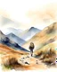 Placeholder: middle aged person walking uphill alone into the wild mountains in long view water color