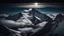 Placeholder: Aerial view from above of a single sharp, rocky mountain peak with snow patches, piercing through a dense, swirling foreground layer of white clouds, dark night sky with visible Milky Way, high contrast, cinematic lighting, photorealistic, 8k resolution, sharp focus