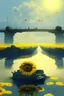 Placeholder: yellow water of lake with bridge of sunflowers and tanks and in fuggy sky with dim sunlight