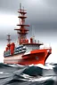 Placeholder: modern oil drillship in rough sea with red rounded hull, white superstructure, single derrick and helideck