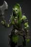 Placeholder: green skin tall female orc platted ponytail pirate barbarian long axe