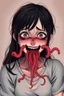 Placeholder: Woman with rare eyes,smiling meanwhile many worms streaming from his mouth, face distorted with pain, screaming, tears streaming, siting pose, fullbody, Junji Ito style, darkred tones,high detailed, 4k resolution, digital paiting, cute, art, no background 3d pixar disney the cinematic FKAA, TXAA, and RTX graphics technology employed for stunning detail.