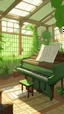 Placeholder: piano with music sheet in a large house full of plants and in ghibli studio style