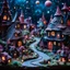 Placeholder: Detailed creepy landscape made of modeling clay, fairy tale, people, village, stars and planets, naïve, Tim Burton, strong texture, extreme detail, Max Ernst, decal, rich moody colors, sparkles, bokeh