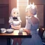 Placeholder: anime waitress sitting at a booth in a busy diner with two identical white coffee cups on the table, one white cup is full and the other white cup is empty