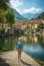 Placeholder: Create a realistic photograph of a small Italian town at Como Lake in late spring with a portrait of middle-aged, slim Polish woman. Use a wide lens and a Fuji 30 camera.