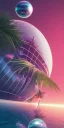 Placeholder: 1980's aesthetic vaporwave palm trees and spheres and sports bmw