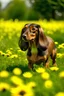 Placeholder: un perro salchicha de pelo largo marrón jugando con una pelota en el campo entre flores amarillas