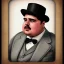 Placeholder: A 1930s Italian-American businessman in his 20s with a bowler hat and a tattered suit. He is obese and has a sad expression on his face. He has no facial hair. He is facing the screen.