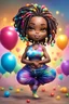 Placeholder: Create an airbrush image of a chibi black curvy female wearing a tie dye yoga outfit. Prominent make up with hazel eyes. Highly detail asymmetrical dread locs. background of colorful large ballons 2k