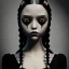 Placeholder: wednesday addams from jenna ortega, wednesday addams hair, wednesday addams make up, wednesday addams black dress, cinematic, hyper detail, 8k resulation