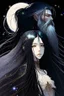 Placeholder: Celestial anime woman, long black hair, with bearded man
