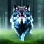 Placeholder: hooded magician faces wolf in a clearing in the forest