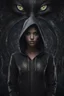 Placeholder: shiny cat eyes woman, wearing dark hoodie, very detailed, sharp focus, random background, dark fantasy, stunning