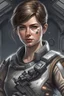 Placeholder: A young space warrior woman with freckles and short brown hair, wearing a silver jumpsuit and holding a pair of energy pistols